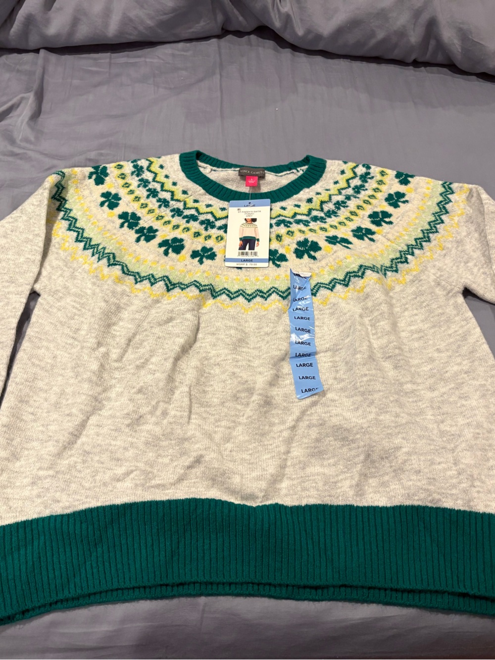 Vince Camuto Cream Fair Isle Crewneck Sweater with Green Trim